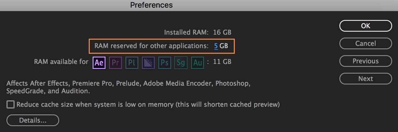 After Effects preferences. Ram Reserved for other applications что это. Memory Cancel. Рам резерв.