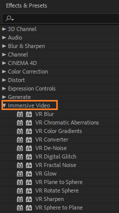 Immersive video effects in Effects and Presets panel