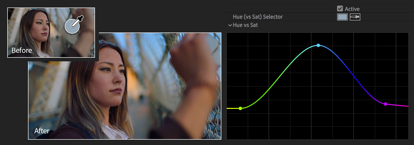 Use the Hue Saturation curves to color grade images