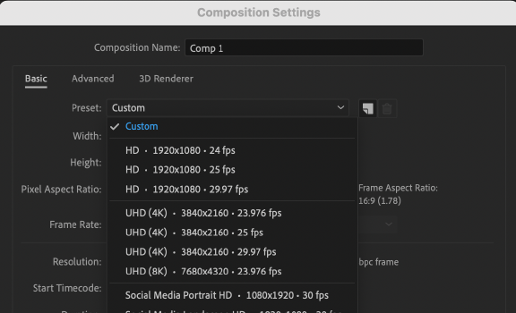 After Effects Composition ที่ตั้งไว้ล่วงหน้า