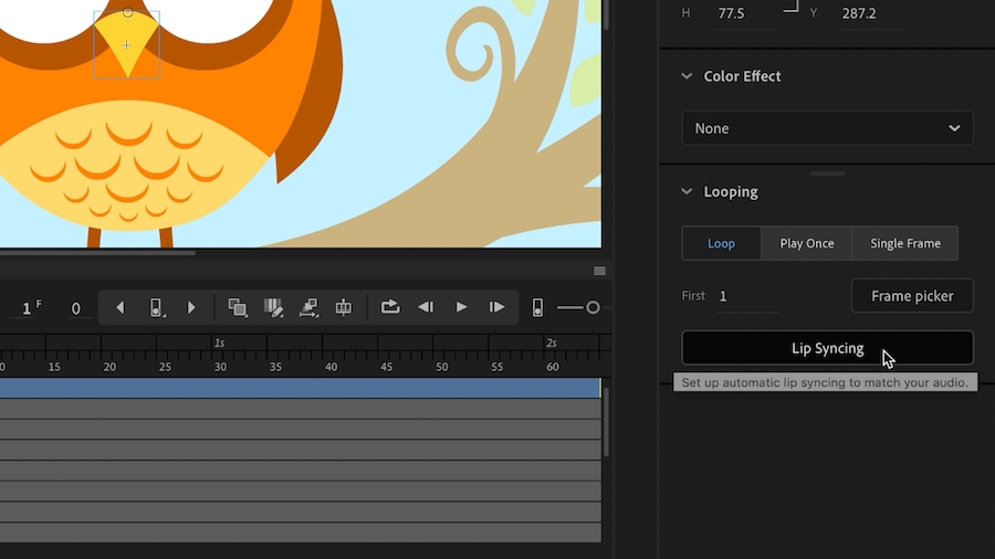 Cursor hovers over the Lip Syncing option in the Looping section of the Sound panel Cursor hovers over the Lip Syncing option in the Looping section of the Sound panel