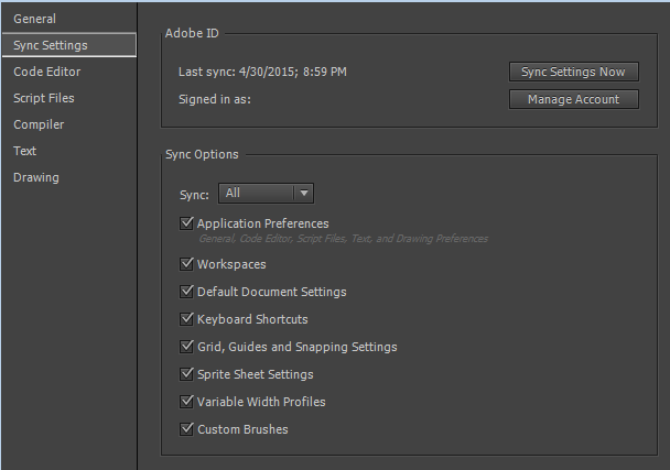 Sync Settings tab in the Preferences dialog box