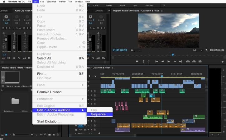 In Premiere Pro, Edit > Edit in Adobe Audition > Sequence menu is highlighted. In Premiere Pro, Edit > Edit in Adobe Audition > Sequence menu is highlighted.