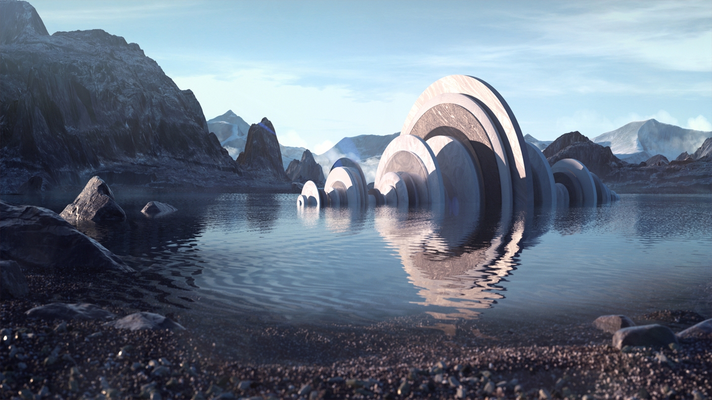 3D soundwaves float in a lake surrounded by mountains. 3D soundwaves float in a lake surrounded by mountains.