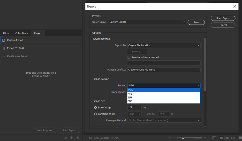Použijte panel Exportovat v aplikaci Bridge k převodu souborů do formátu jpeg, png, tiff a dng