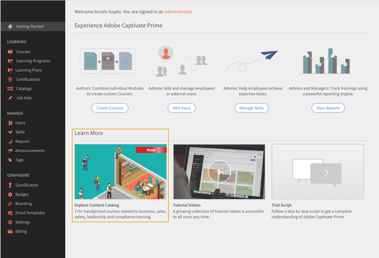 Access content catalog from the Learn more tab Access content catalog from the Learn more tab