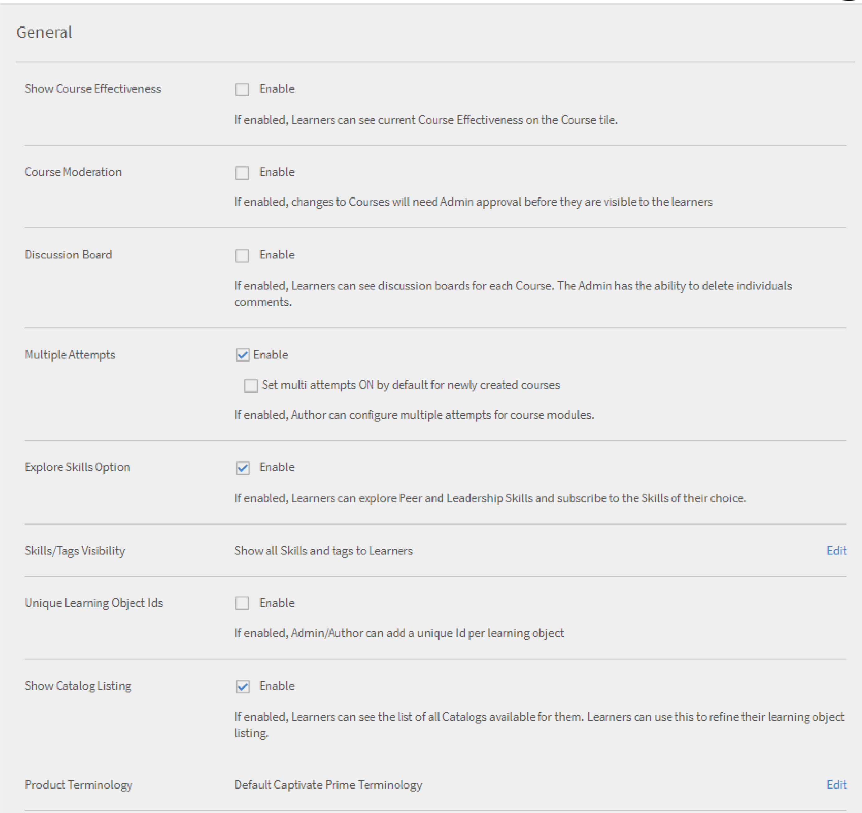 Enable/disable settings from the administrator app Enable/disable settings from the Captivate Prime administrator app