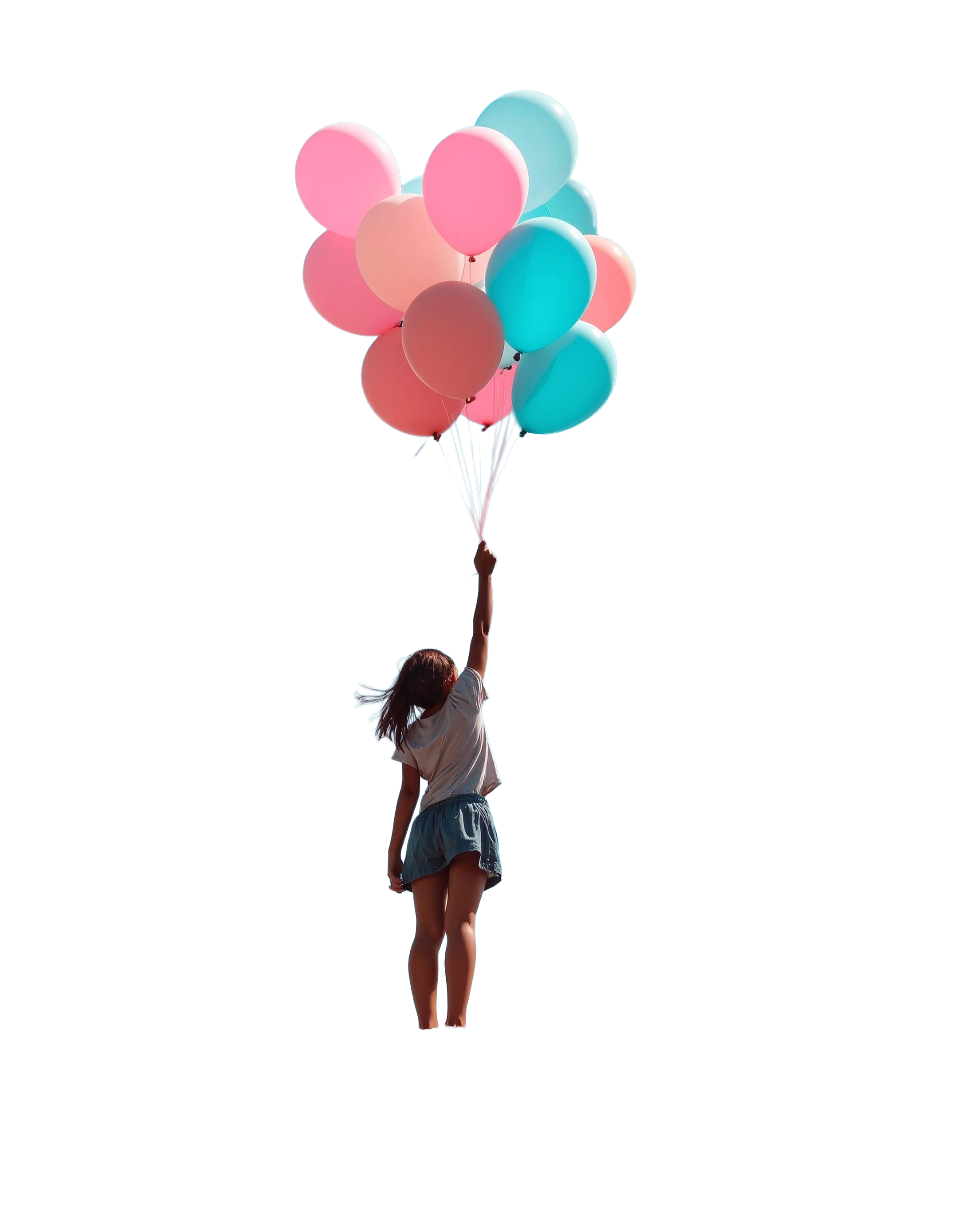 Girl holding colorful balloons against a blue sky