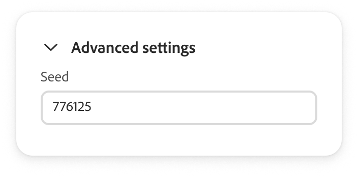 Advanced settings panel showing seed value