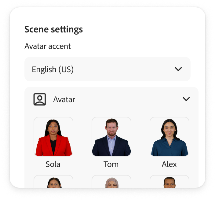 Avatar settings panel showing Sola, Tom, and Alex