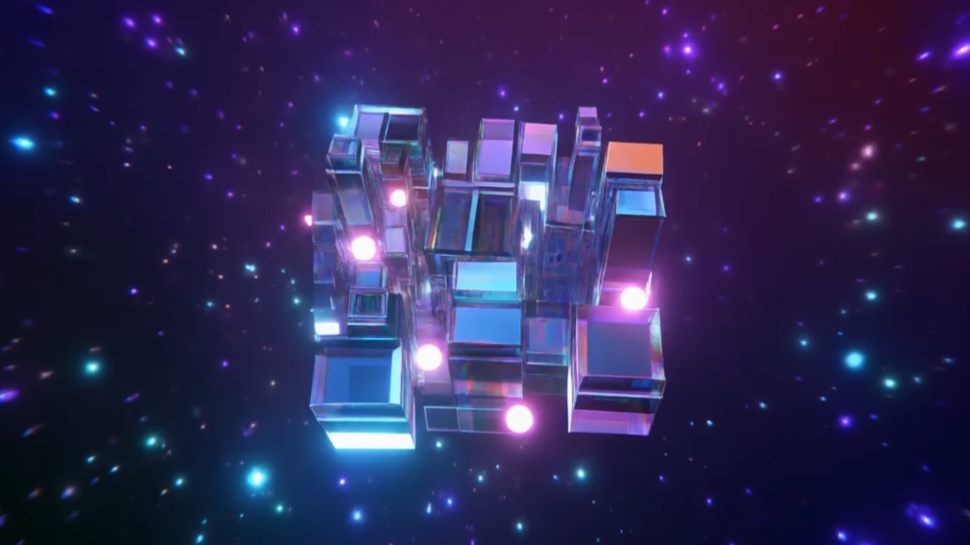 Floating geometric cityscape with glowing orbs