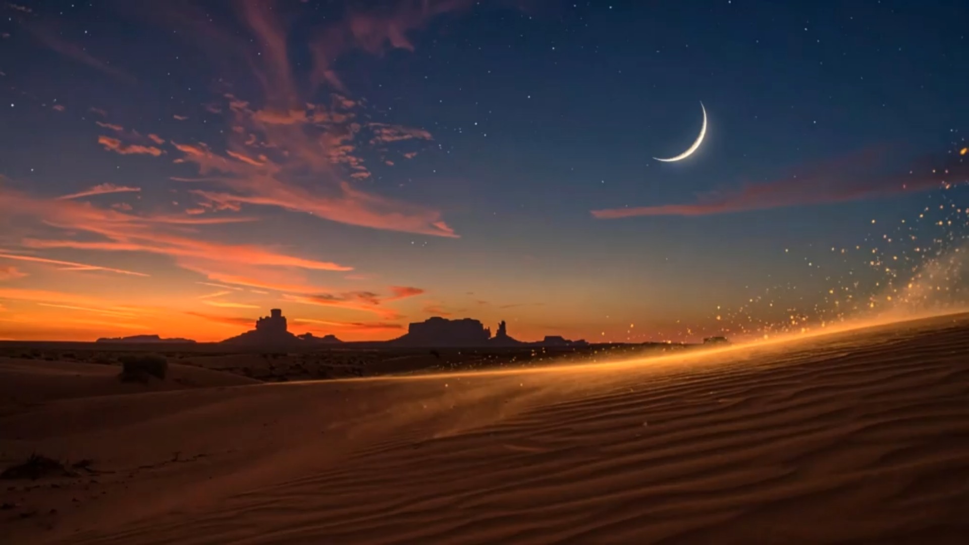 Surreal desert landscape at twilight with crescent moon