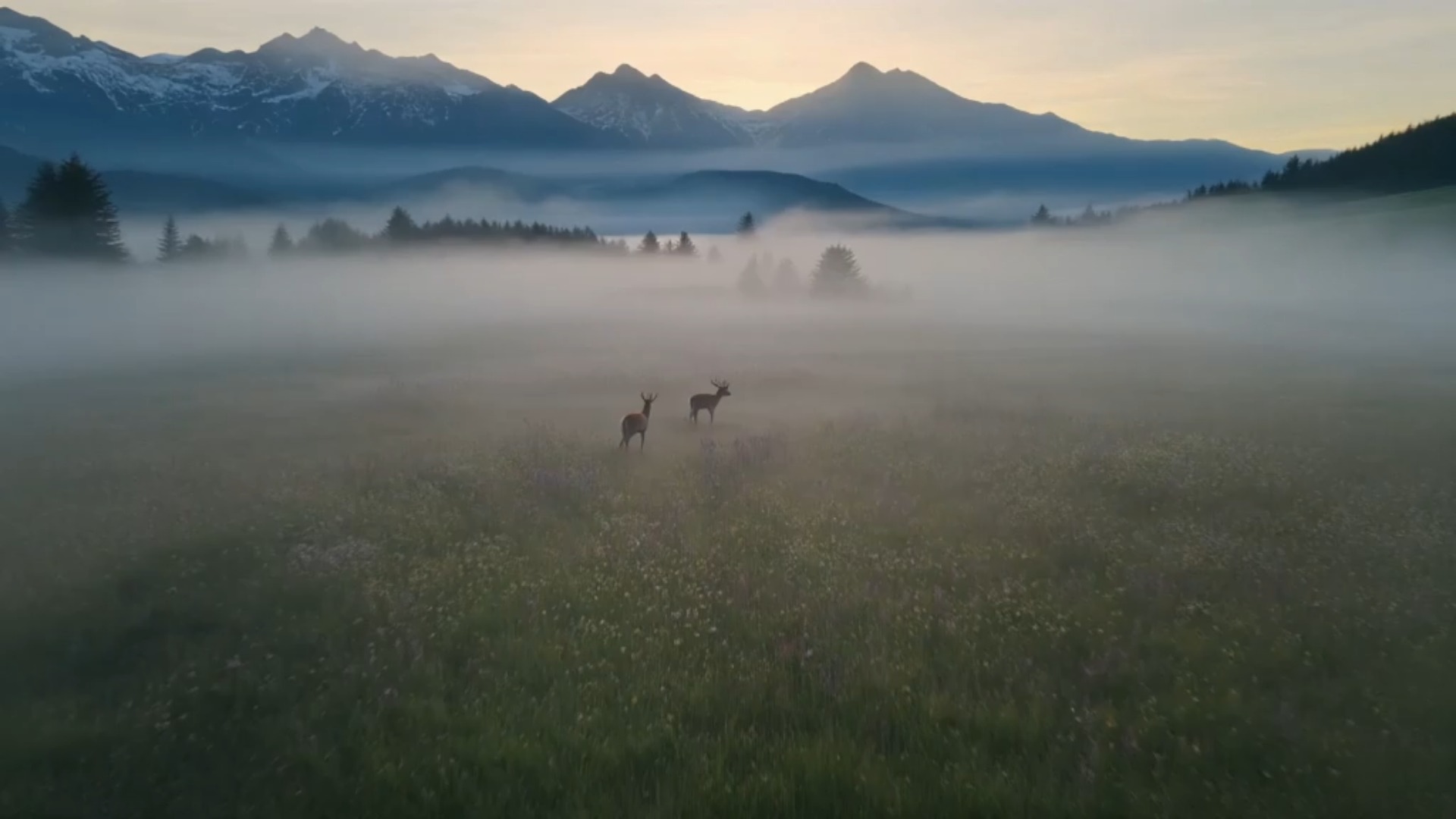 Foggy alpine meadow with deer at dawn
