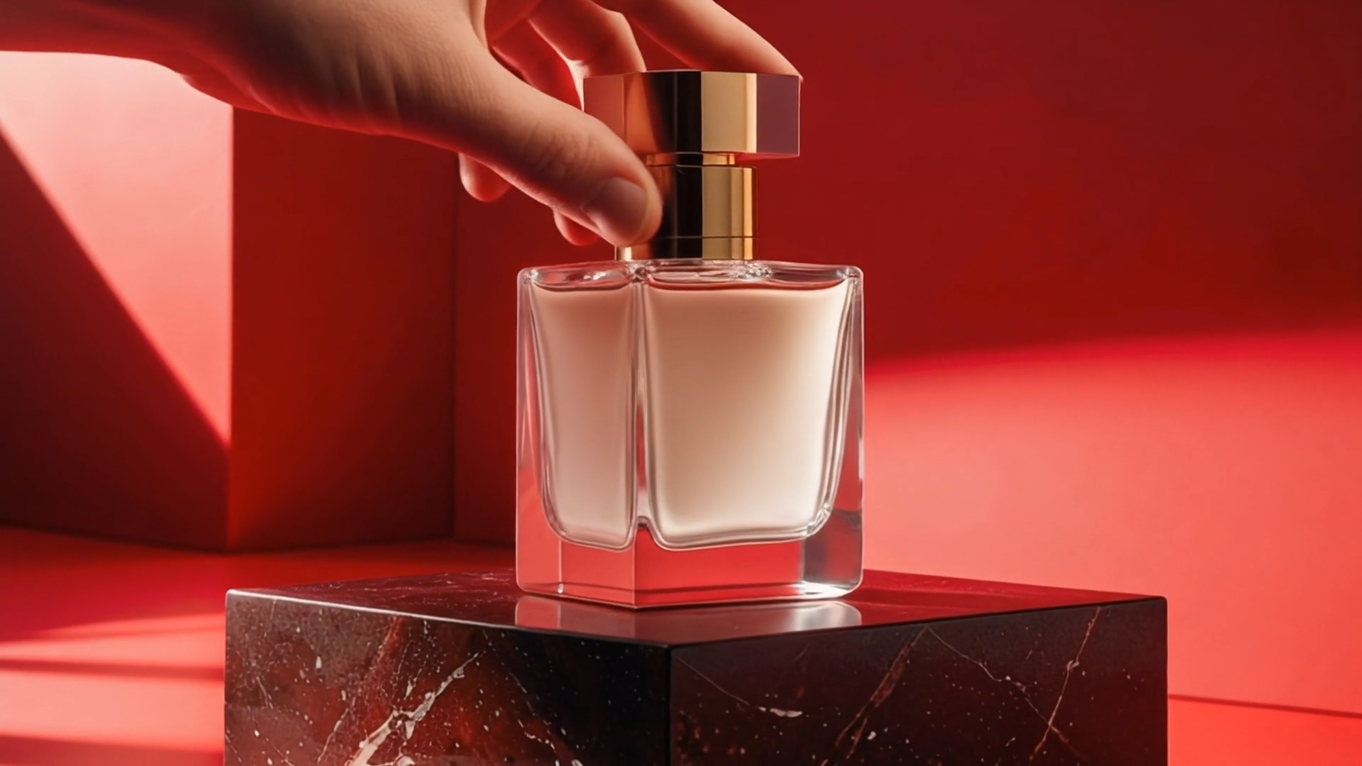 Perfume bottle on dark pedestal with red background