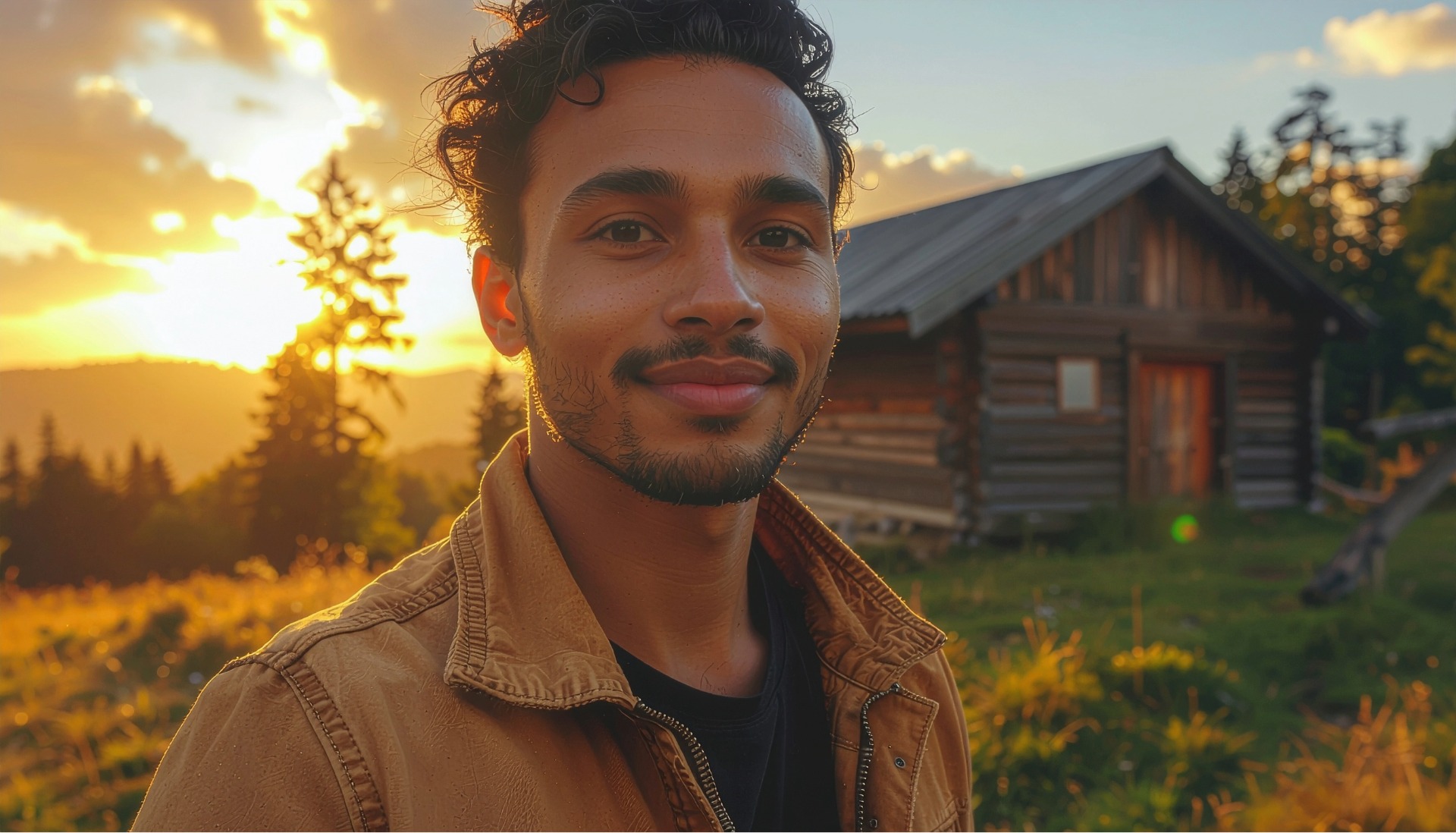 Young man smiling in front of rustic cabin at sunset