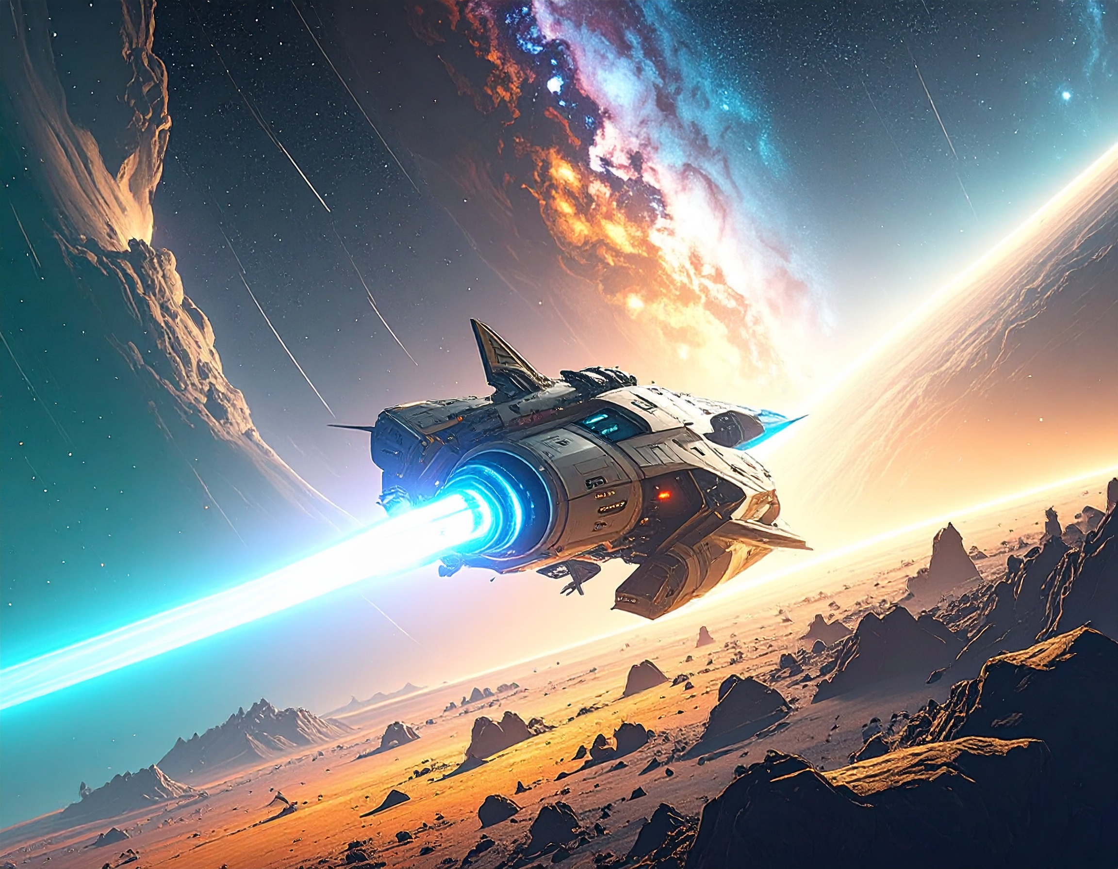 Futuristic cityscape with flying vehicle