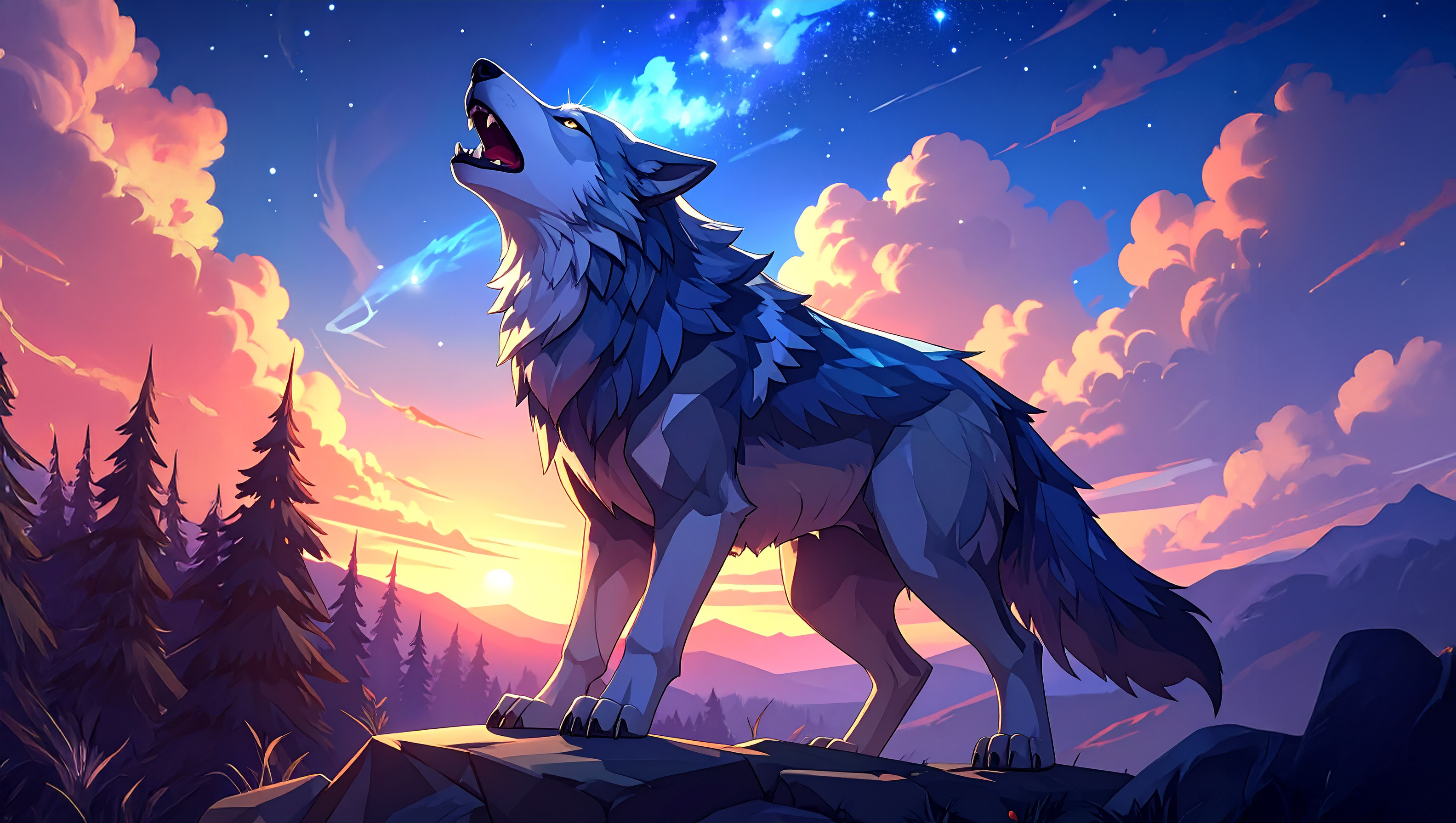 Stylized anime wolf howling