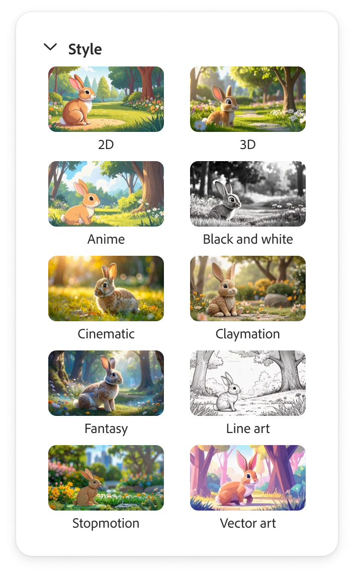 Style presets panel showing 2D, 3D, Anime, and more