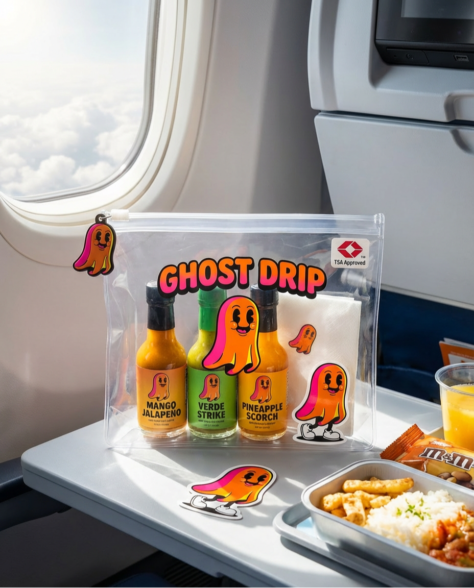 Ghost Drip TSA travel pack on airplane tray