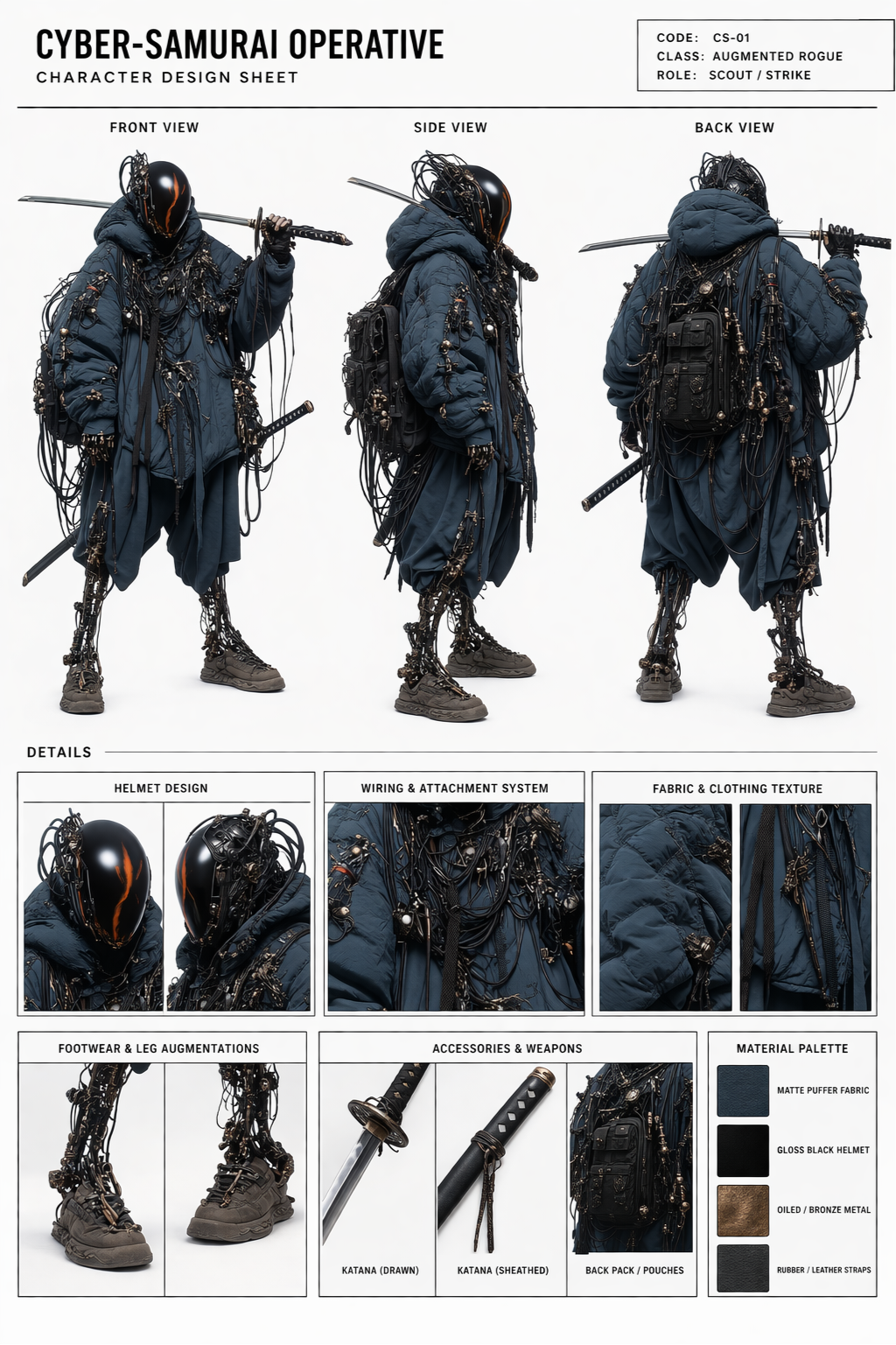 Cyber-Samurai character design sheet