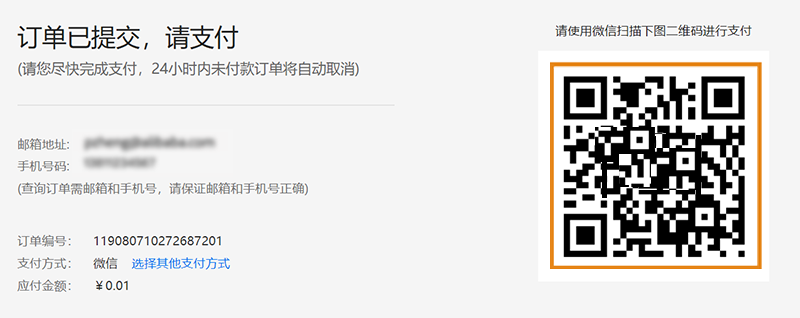 3 Order confirmation window for Alipay or WeChat Pay