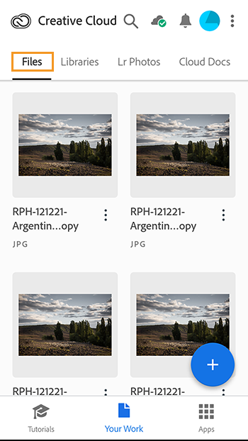 Creative Cloud for iOS Files tab Creative Cloud for iOS Files tab