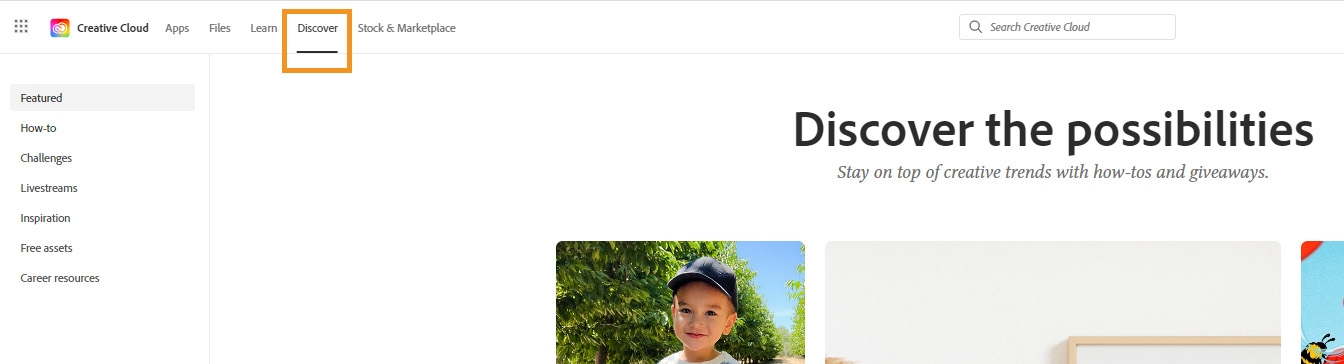 Discover tab in the Creative Cloud website Discover tab in the Creative Cloud website