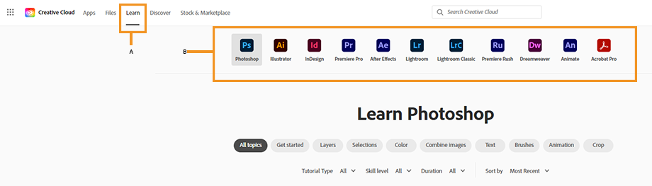 Learn tab in the Creative Cloud website Learn tab in the Creative Cloud website