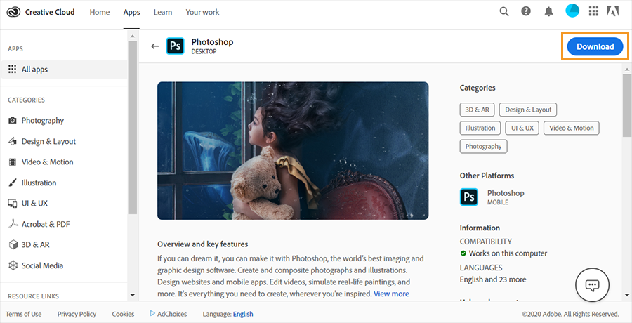 Download Photoshop from the Creative Cloud website