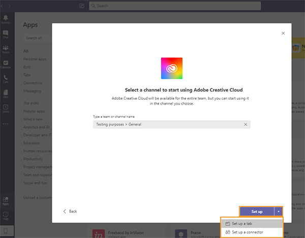 Set up a tab or bot within a channel or team