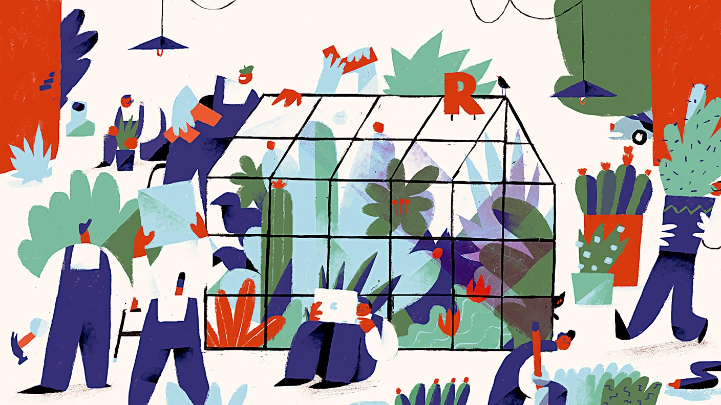 Colorful illustration of men working together on a greenhouse project. Colorful illustration of men working together on a greenhouse project.