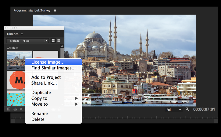 The watermarked image of a mosque is purchased by right-clicking and selecting License Image.