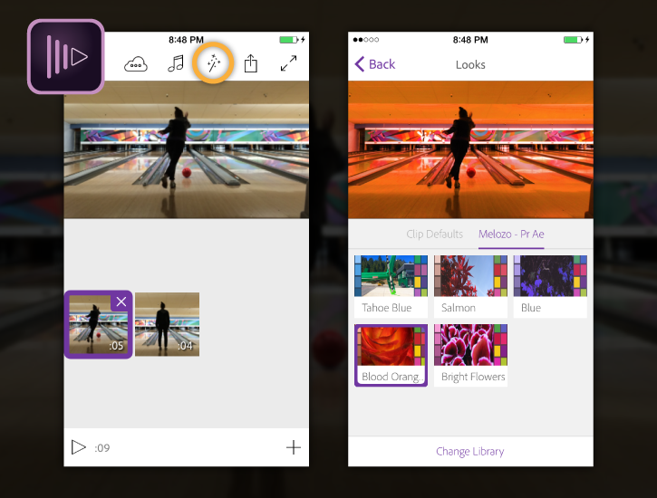 Color swatches in CC Libraries recolor a scene in Premiere Clip by clicking the Finishing Touches icon and tapping a Look.
