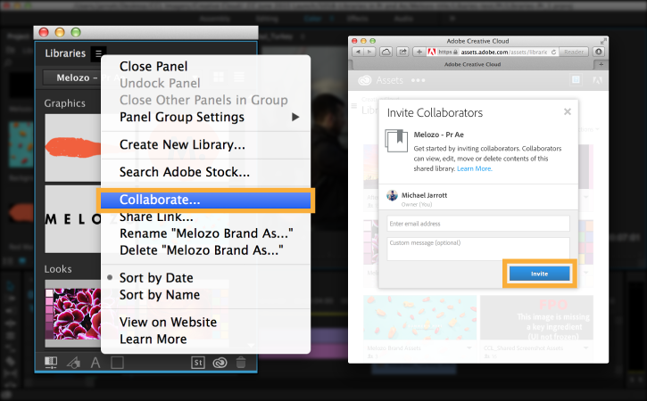 Invite collaborators to your project by clicking the more options menu, selecting Collaborate, and entering email addresses.