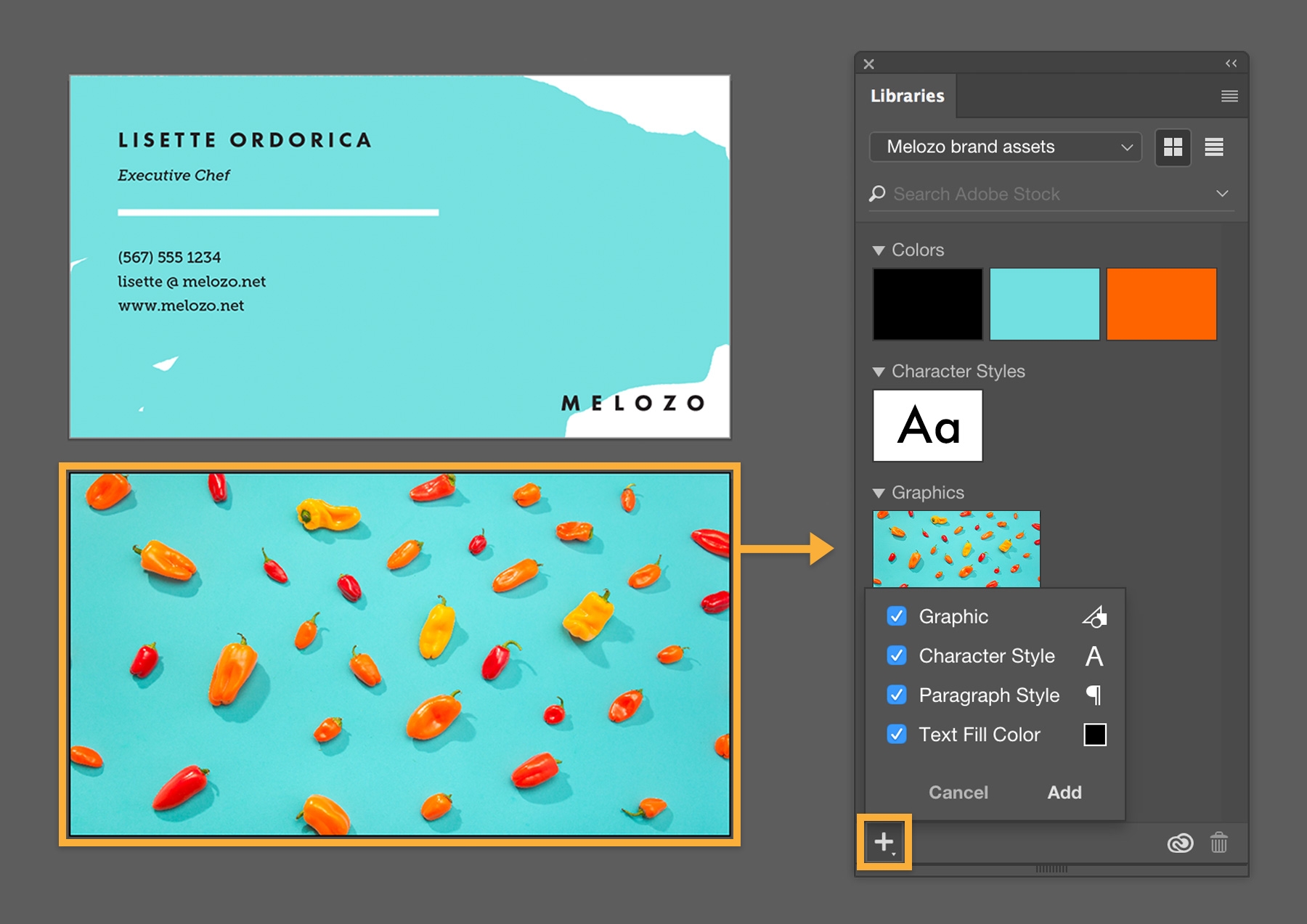 Graphics, character and paragraph styles, and text fill colors from a business card are added to the CC Library. Graphics, character and paragraph styles, and text fill colors from a business card are added to the CC Library.