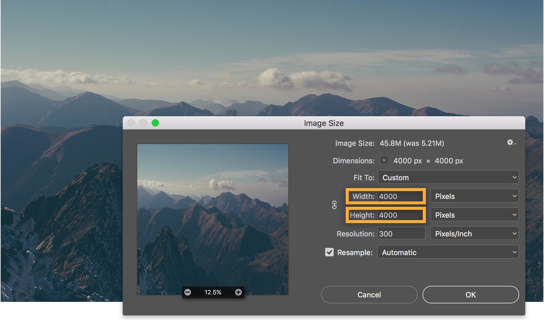 Set the Width and Height values to 4000px in the Image Size dialog box Set the Width and Height values to 4000px in the Image Size dialog box