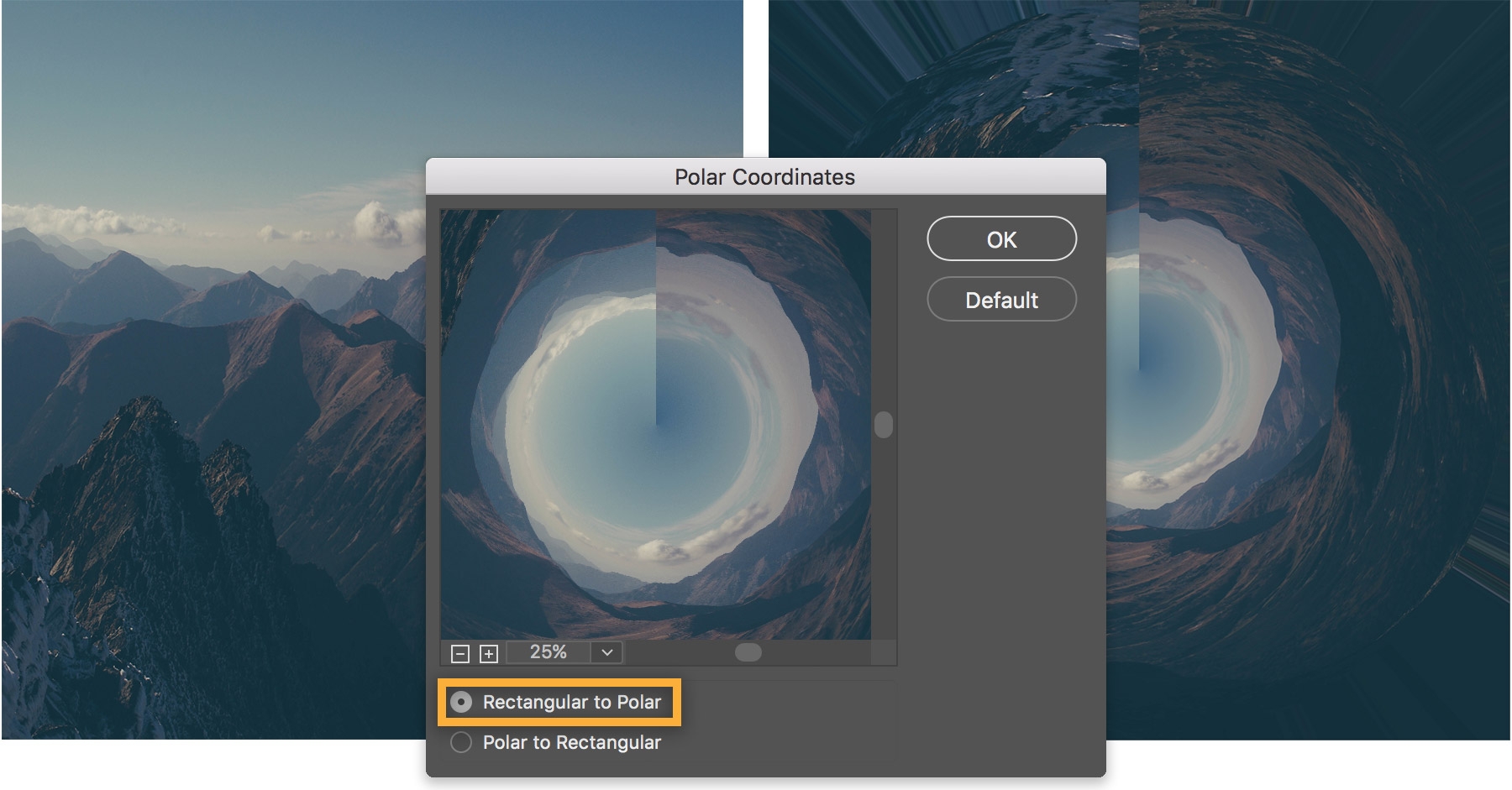 Select Rectangular to Polar in the Polar Coordinates dialog box Select Rectangular to Polar in the Polar Coordinates dialog box