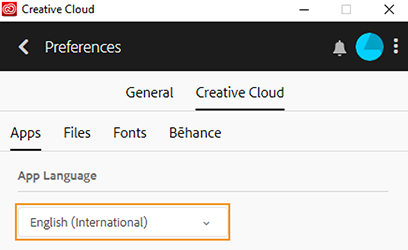 App Language option in the Creative Cloud tab