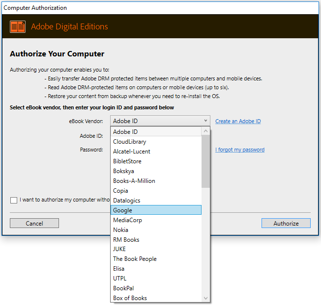 Authorizing and deauthorizing Adobe Digital Editions
