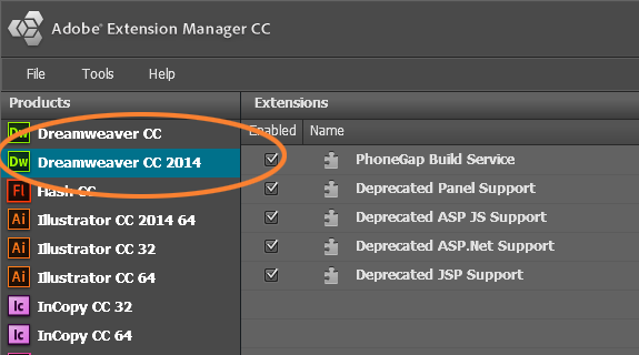 Adobe Extension Manager CC with Dreamweaver extensions