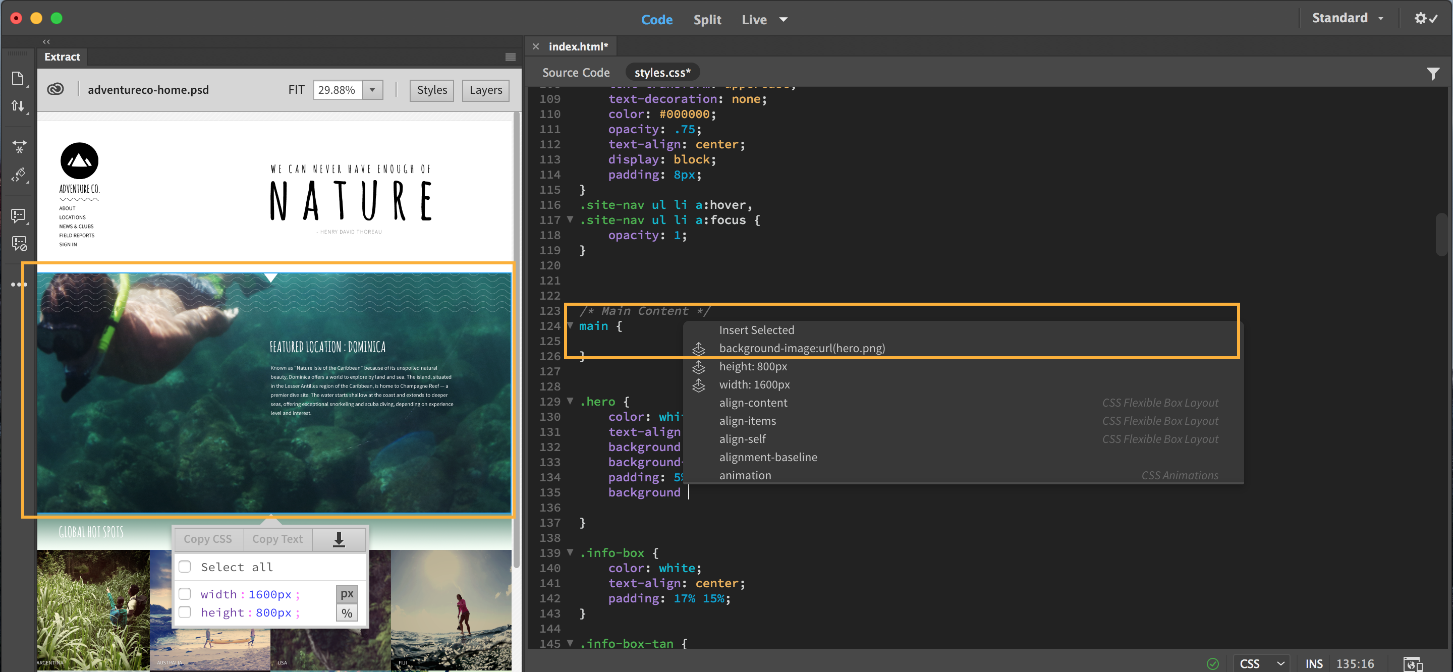 How to extract assets from PSD files into Dreamweaver web pages
