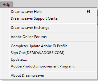 Help menu prior to Dreamweaver CC 2014 Help menu prior to Dreamweaver CC 2014