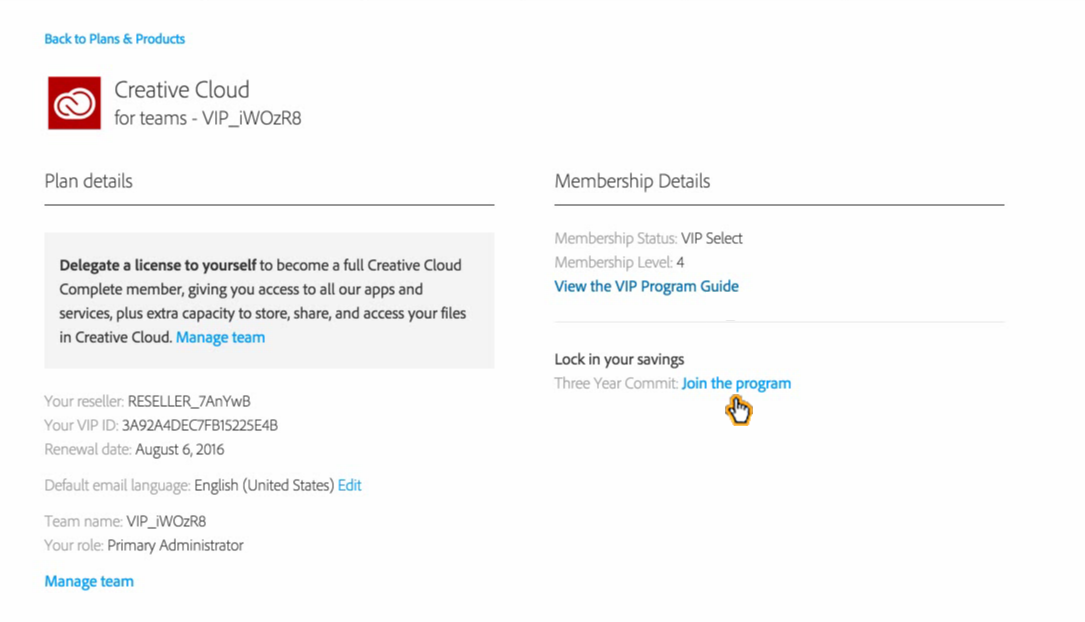 Find information on Adobe's VIP Select membership status