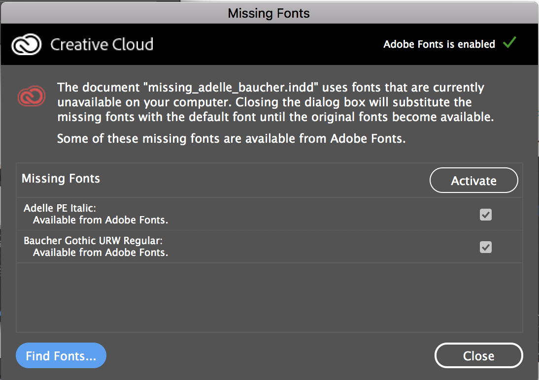 Missing font. Adobe fonts. Currently missing шрифт. Again link. Resolve missing fonts with Typekit.