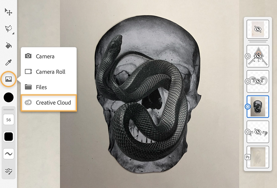 Black and white picture collage layer shows skull with a snake on the front, drawing tools on the left, layers on the right. Black and white picture collage layer shows skull with a snake on the front, drawing tools on the left, layers on the right.