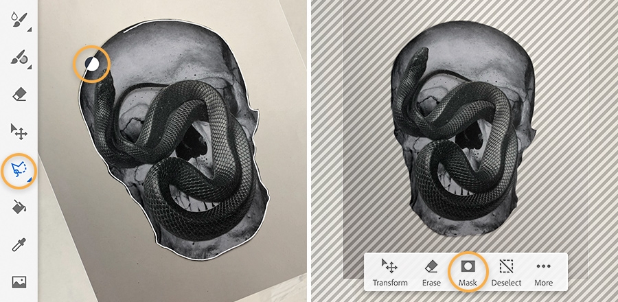 Left: skull is rotated and almost selected entirely by the Lasso tool; Right: mask hides original background. Left: skull is rotated and almost selected entirely by the Lasso tool; Right: mask hides original background.
