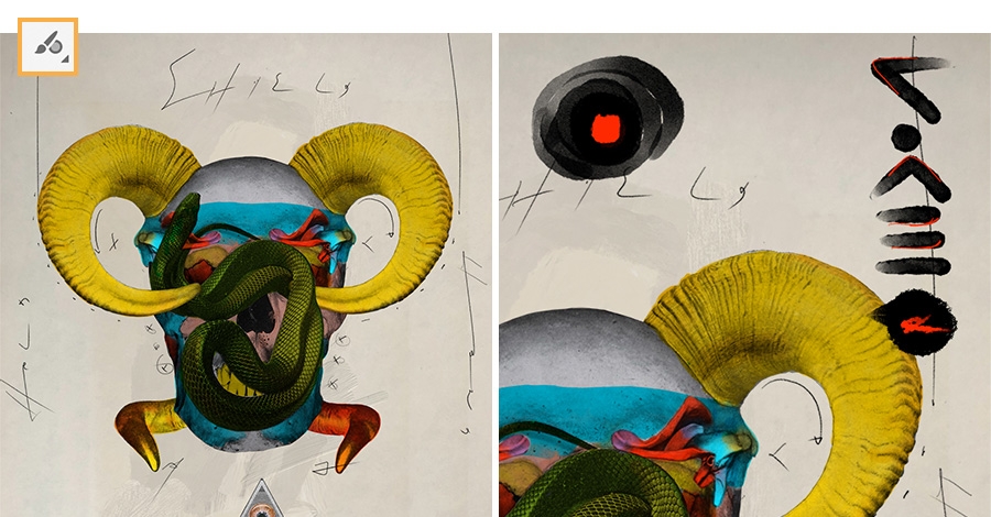 Left: Vector brush tool in upper left, pencil markings on the outside of the collage; Right: Additional: black and red paint. Left: Vector brush tool in upper left, pencil markings on the outside of the collage; Right: Additional: black and red paint.