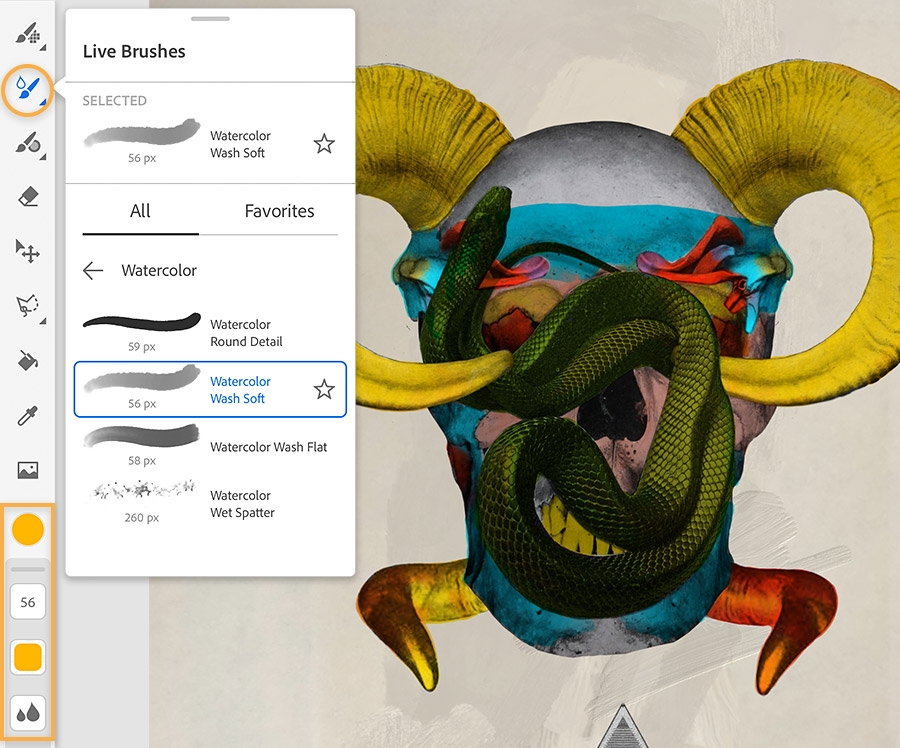 Live category of digital brushes shows Watercolor Wash Soft brush selected, collage has multiple colors applied. Live category of digital brushes shows Watercolor Wash Soft brush selected, collage has multiple colors applied.