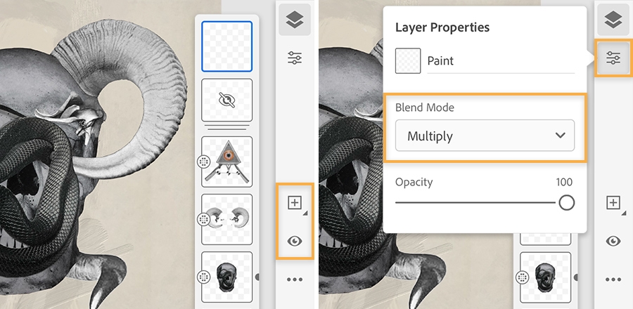 Left: Image layers revealed to add images and symbols to the composition; Right: blend mode set to Multiply on top layer. Left: Image layers revealed to add images and symbols to the composition; Right: blend mode set to Multiply on top layer.