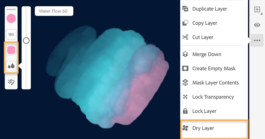 Watercolor brush settings on left, water flow set to 60, pink and blue digital brush strokes, Dry Layer setting highlighted Watercolor brush settings on left, water flow set to 60, pink and blue digital brush strokes, Dry Layer setting highlighted